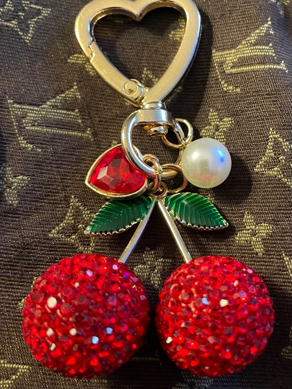 Sparkling Cherry Keychain with Red Crystals & Green Enamel Leaves